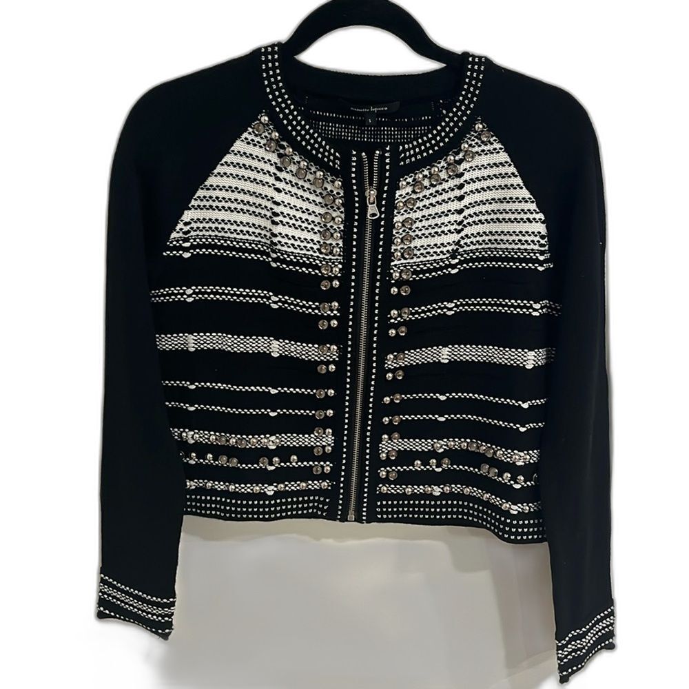 Nanette Lepore Wild West Cardigan Knit zip up in Black/Silver with Gemstone sz S